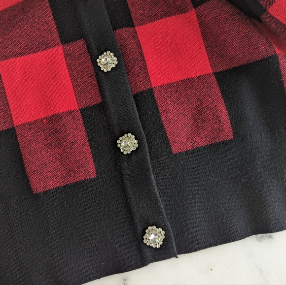 Tommy Bahama Red Buffalo Plaid Holiday Crystal Button Cardigan Sweater - Picture 7 of 8